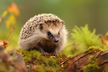 Naklejka na ściany i meble Hedgehog walks through the autumn forest. hedgehog in the grass. hedgehogs stand on brown dry leaves