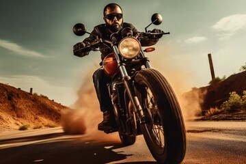a man rides a motorcycle on the road. Biker on a fast motorcycle. motorcyclist on a motorcycle