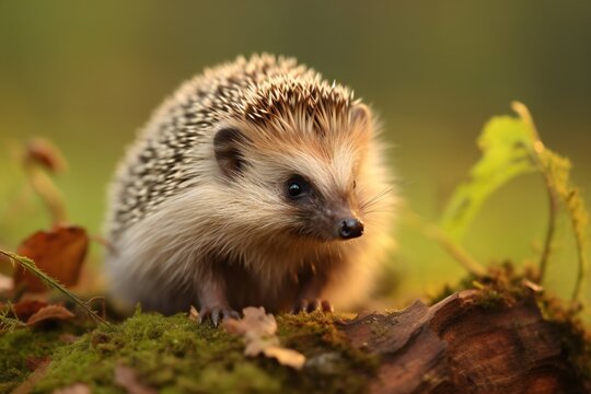 Hedgehog walks through the autumn forest. hedgehog in the grass. hedgehogs stand on brown dry leaves