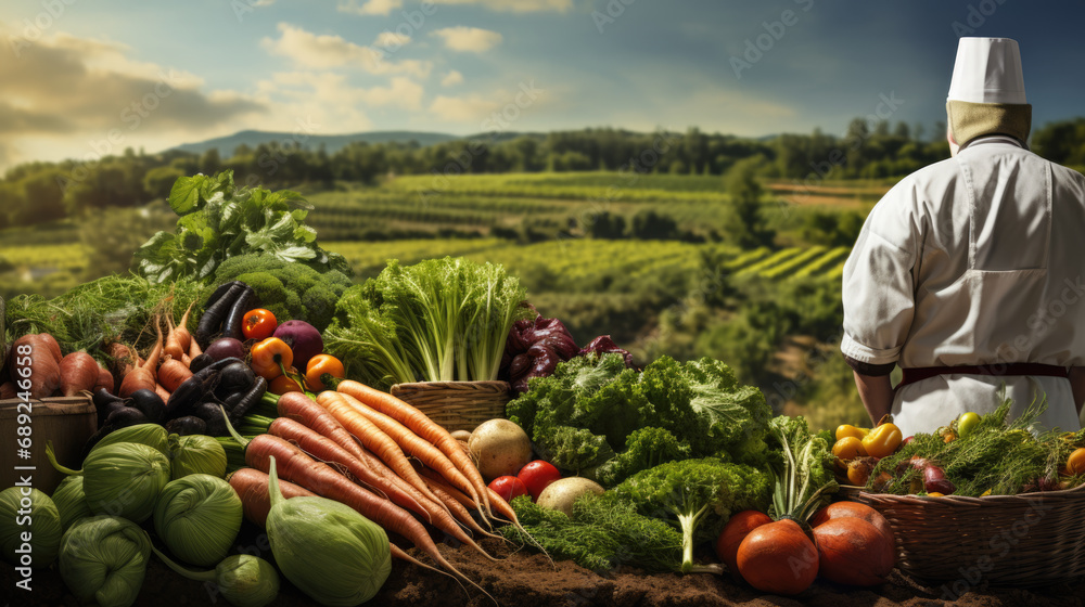 Poster an array of fresh, organic vegetables lying on the soil with farmer and his field at the background