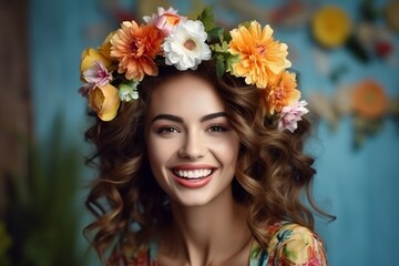 portrait of a beautiful young woman wearing a flower crown. girl in a flower wreath