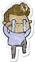 distressed sticker of a cartoon man crying