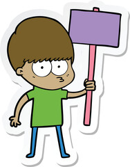 sticker of a nervous cartoon boy holding placard