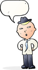 cartoon man wearing hat with speech bubble