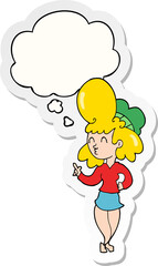 cartoon woman with big hair with thought bubble as a printed sticker