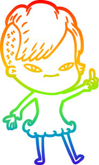 rainbow gradient line drawing of a cute cartoon girl with hipster haircut