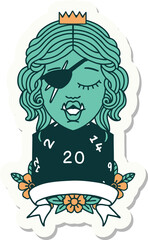 sticker of a half orc rogue character with natural twenty dice roll
