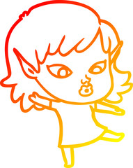 warm gradient line drawing of a pretty cartoon elf girl