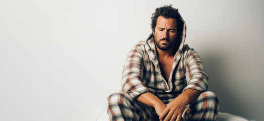 A tired man in plaid pajamas sits on a white wall background. - Powered by Adobe