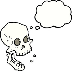 cartoon laughing skull with thought bubble