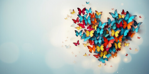 Elegant and colorful heart-shaped butterflies on a white background. Valentine's Day Concept