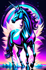 Obraz na płótnie Canvas Abstract portrait of a cartoon unicorn in glowing neon style. Animal graphic illustration.