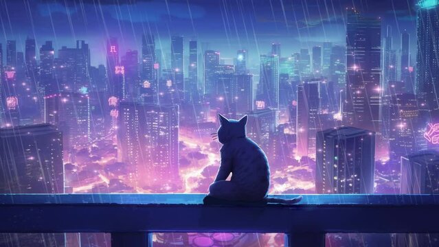 Cat standing on the balcony in front of the big cyberpunk city view on a rainy night 4k