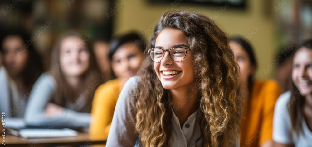 Aufkleber diverse group of joyful students engaged in learning and enjoying a classroom lecture, with a young 