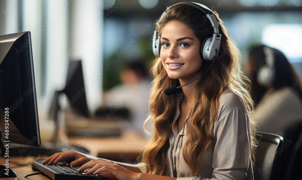 Poster professional customer support representative wearing headset at modern office while working on compu