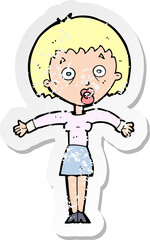 retro distressed sticker of a cartoon woman shrugging shoulders