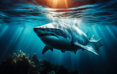 Majestic Great White Shark Gliding Through Sunlit Waters Above Deep Ocean Floor, Predatory Beauty...