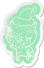 quirky cartoon distressed sticker of a pig crying wearing santa hat