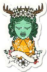 grunge sticker of a half orc druid character with natural 20 dice roll
