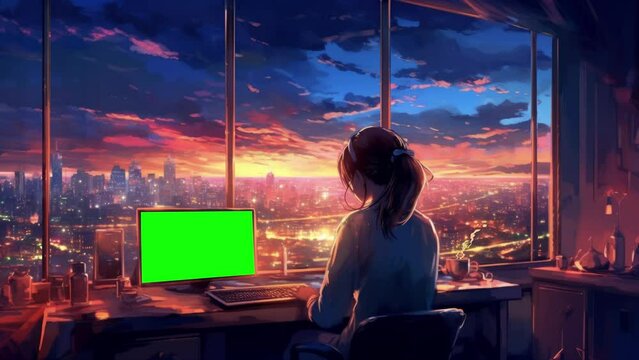 A girl working on a computer with a headphone and listening to music in front of big window with city view