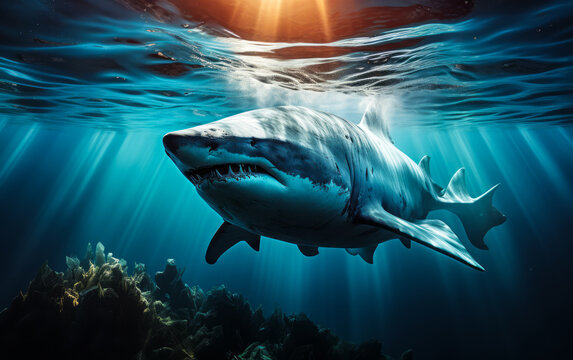Majestic Great White Shark Gliding Through Sunlit Waters Above Deep Ocean Floor, Predatory Beauty of Marine Life