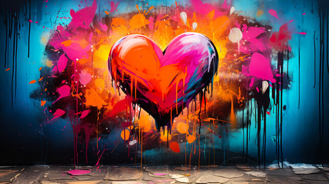 Naklejki Vibrant heart-shaped graffiti artwork on urban wall with vivid splashes of pink, blue, and orange colors, embodying the spirit of street art and love