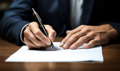 Close-up view of a male hand holding a pen while signing a legal contract with a focused and serious demeanor - obrazy, fototapety, plakaty