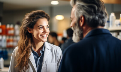 Friendly female pharmacist consulting with a male customer at a modern pharmacy with shelves of products in the background