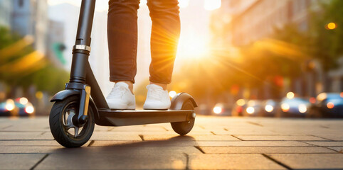 
Close-up of legs on a skateboard, sustainable journey on a calm day with a beautiful sunset.





