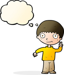 cartoon boy giving peace sign with thought bubble