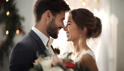 Closeup shot of a young smiling groom and bride looking into each other's eyes. Isolated over bright white background. 