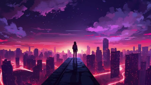 Person standing at the top of the building and looking to the cyberpunk city at night, synthwave-style background with neon lights, big city rainy night, planets space background 4K