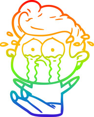 rainbow gradient line drawing of a cartoon crying man sat on floor