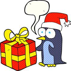 freehand drawn comic book speech bubble cartoon christmas penguin with present