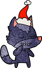 friendly hand drawn textured cartoon of a wolf wearing santa hat