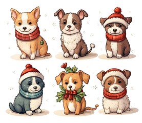 Set of cute dogs winter illustration in cartoon style