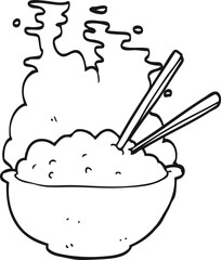 freehand drawn black and white cartoon bowl of hot rice