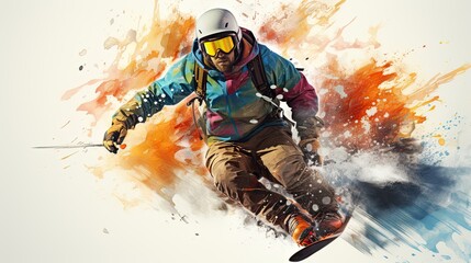 Dynamic watercolor illustration of snowboarding in snowy mountains