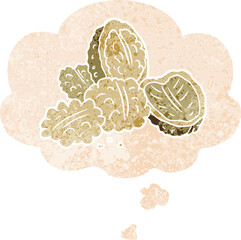cartoon walnuts with thought bubble in grunge distressed retro textured style