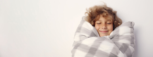 A smiling curly-haired child hugs a soft pillow on a white background. Free space for product placement or advertising text.