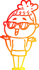warm gradient line drawing of a cartoon happy woman wearing spectacles