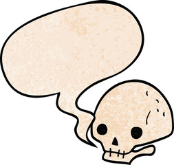 cartoon spooky skull with speech bubble in retro texture style
