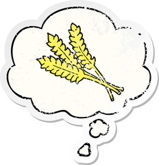 cartoon wheat with thought bubble as a distressed worn sticker