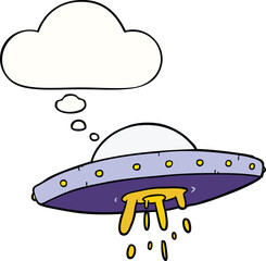 cartoon flying UFO with thought bubble