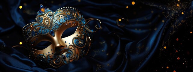 A blue carnival mask with golden patterns on a black background