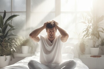 A young man sitting in a bed with a headache holding head in hands, morning light pours from the windows, in a modern bright bedroom - obrazy, fototapety, plakaty