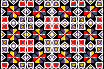 Obraz premium Seamless geometric stamp embroidery pattern, black background vector illustration