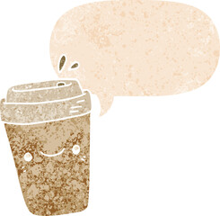 cartoon takeaway coffee with speech bubble in grunge distressed retro textured style