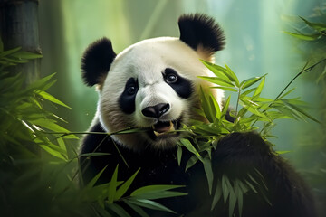 Panda eating bamboo shoots and leaves. panda chews bamboo. Panda bear eating bamboo leaves