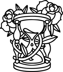 tattoo in black line style of an hour glass and flowers